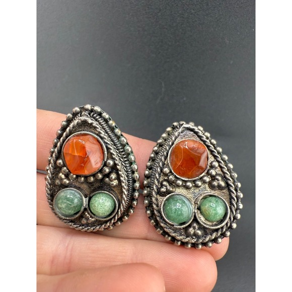 Vintage Tibetan Necklace‎ Earrings Set Green Orange Silver Tone Clip Ons 18" - Picture 12 of 16